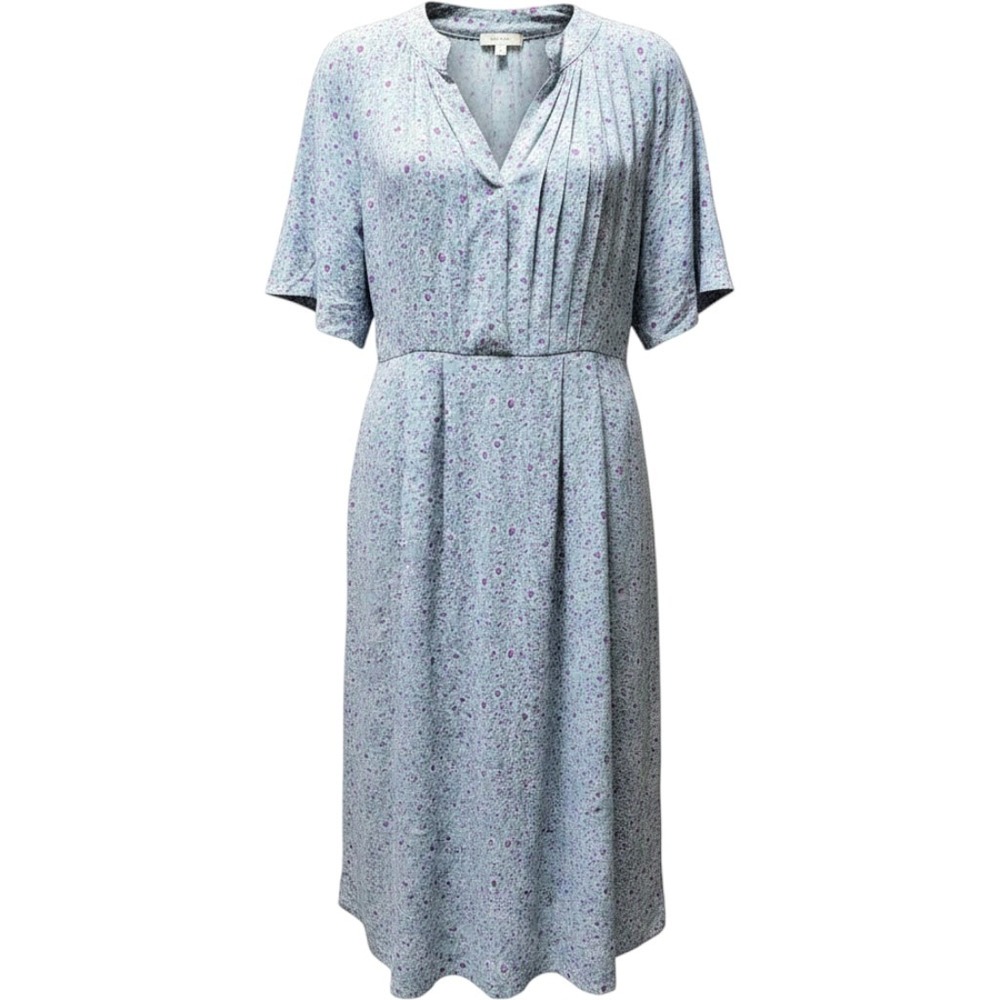 VINTAGE Handmade mandarin collar button‎ front poly dress 60s 80s blue ditsy L